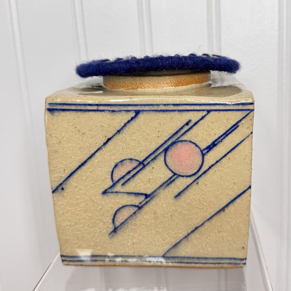 Vintage Group Works Pottery Square Blue Gray Lid Ginger Jar Tea 1970 Natalie
